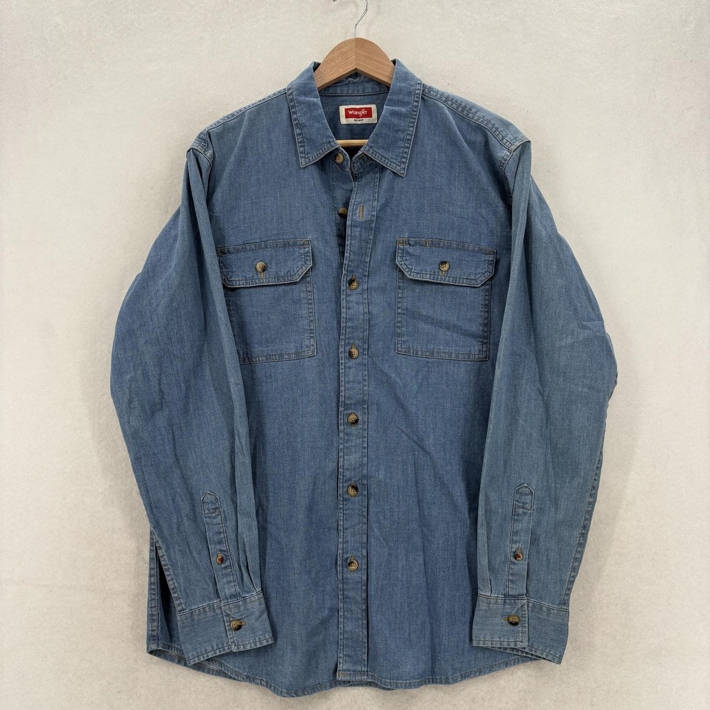 Wrangler Shirt Mens M Blue Denim Long Sleeve Button Up Stretch Western Workwear